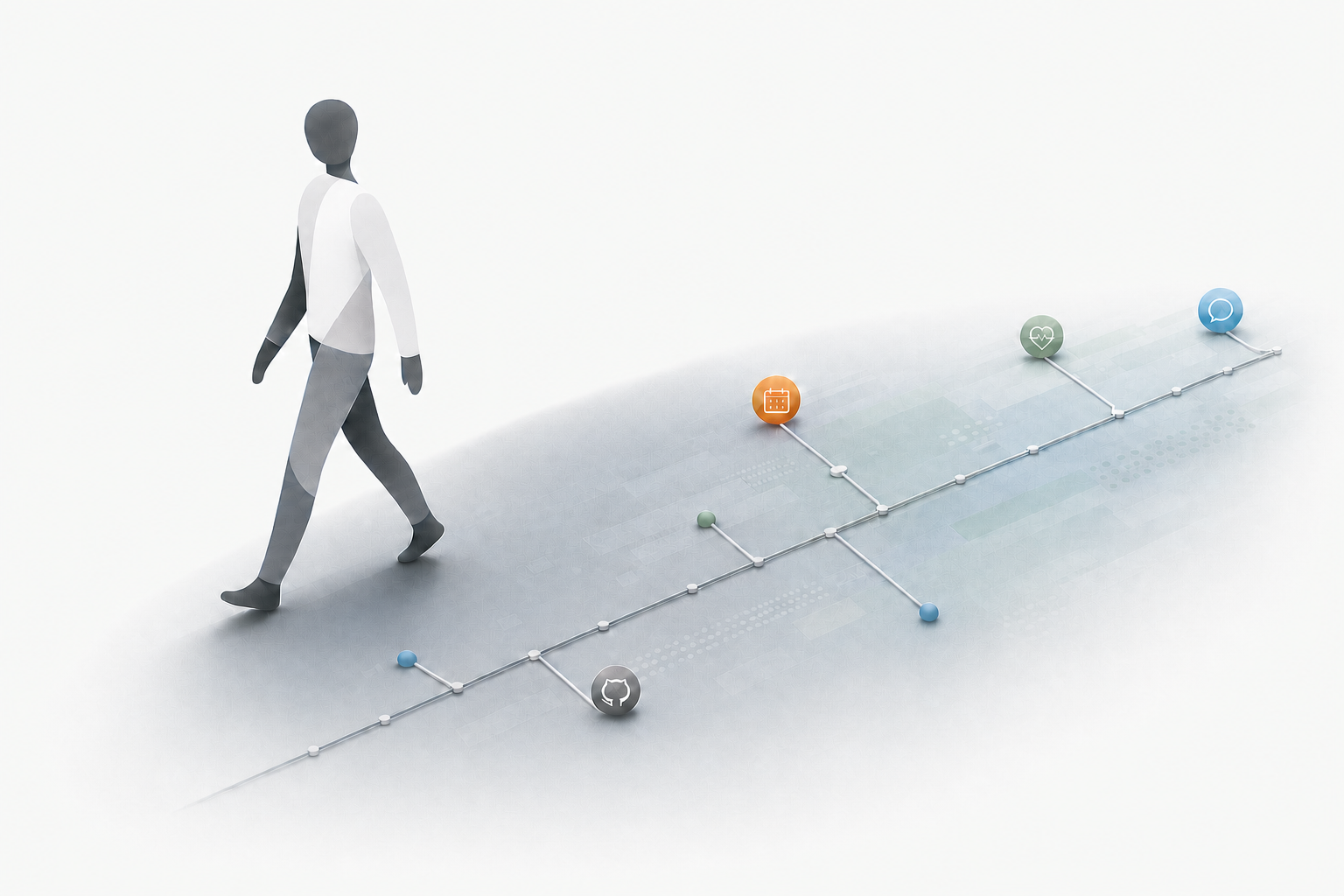 An abstract person walking toward the future while events merge into one timeline across their data shadow.